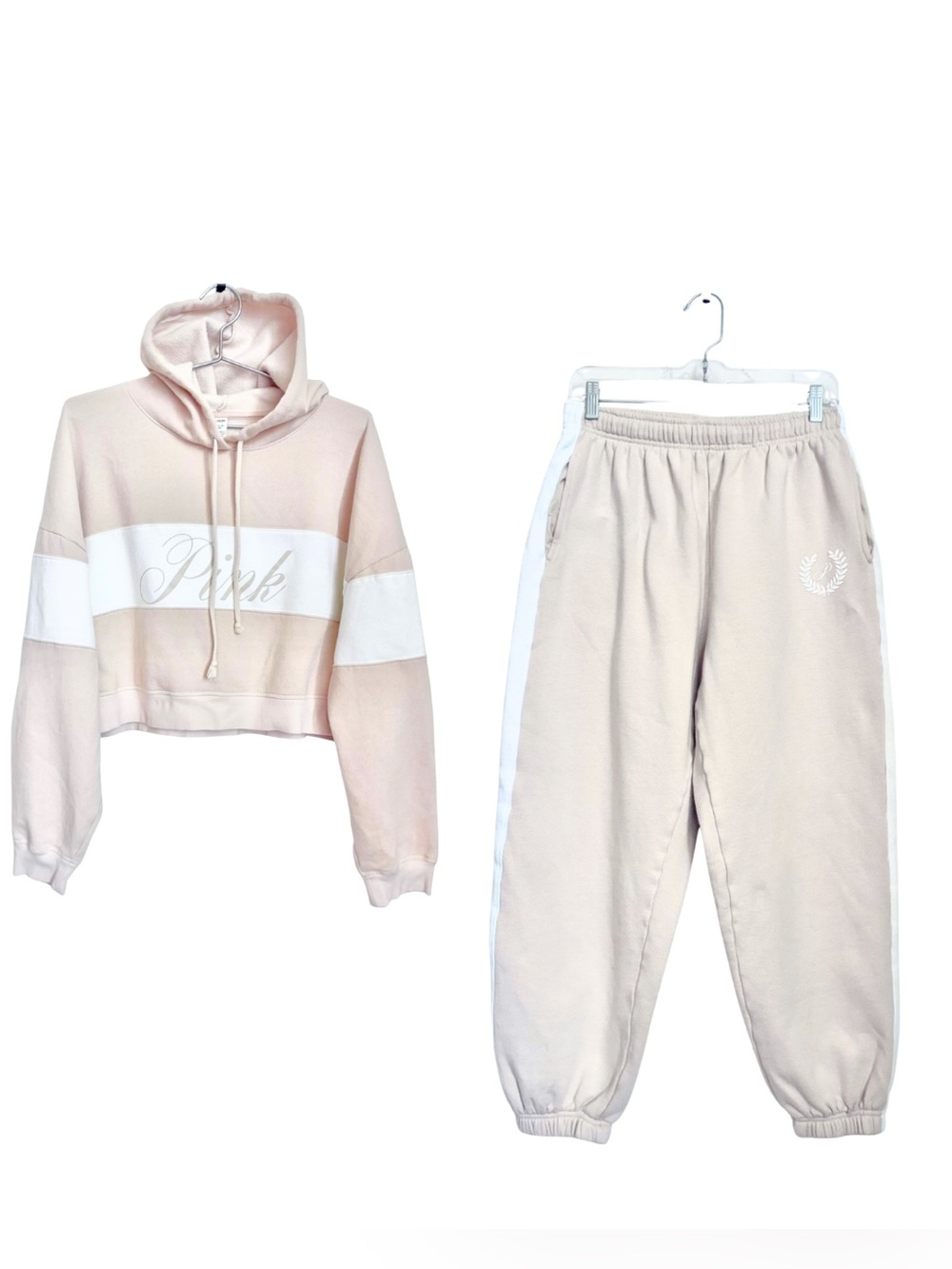 Victoria’s Secret PINK Beige White Cropped Hoodie Jogger Sweat Set M XXL
